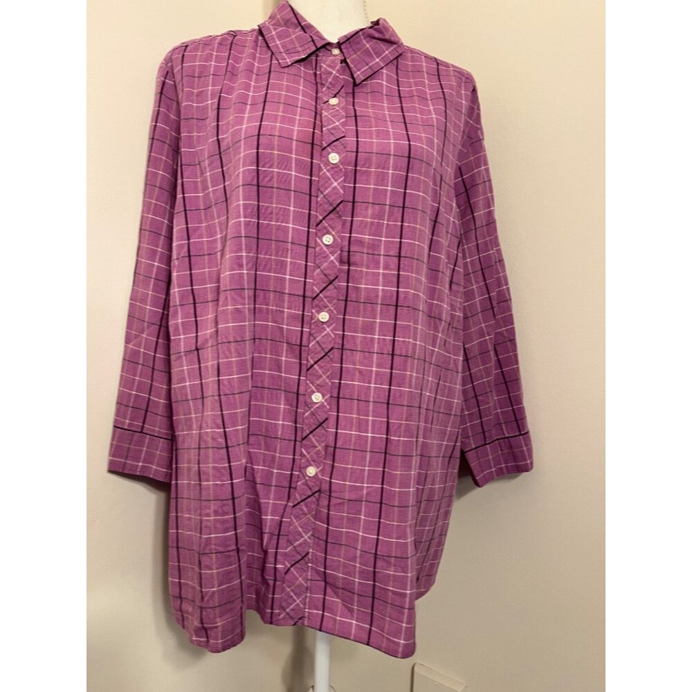 Sag Harbor Womens 2X Plaid Button-Up Shirt Blouse Casual 100% Cotton